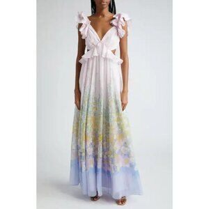 NWT Zimmermann Floral Ruffle Linen & Silk Gown Maxi Dress Blue Meadow